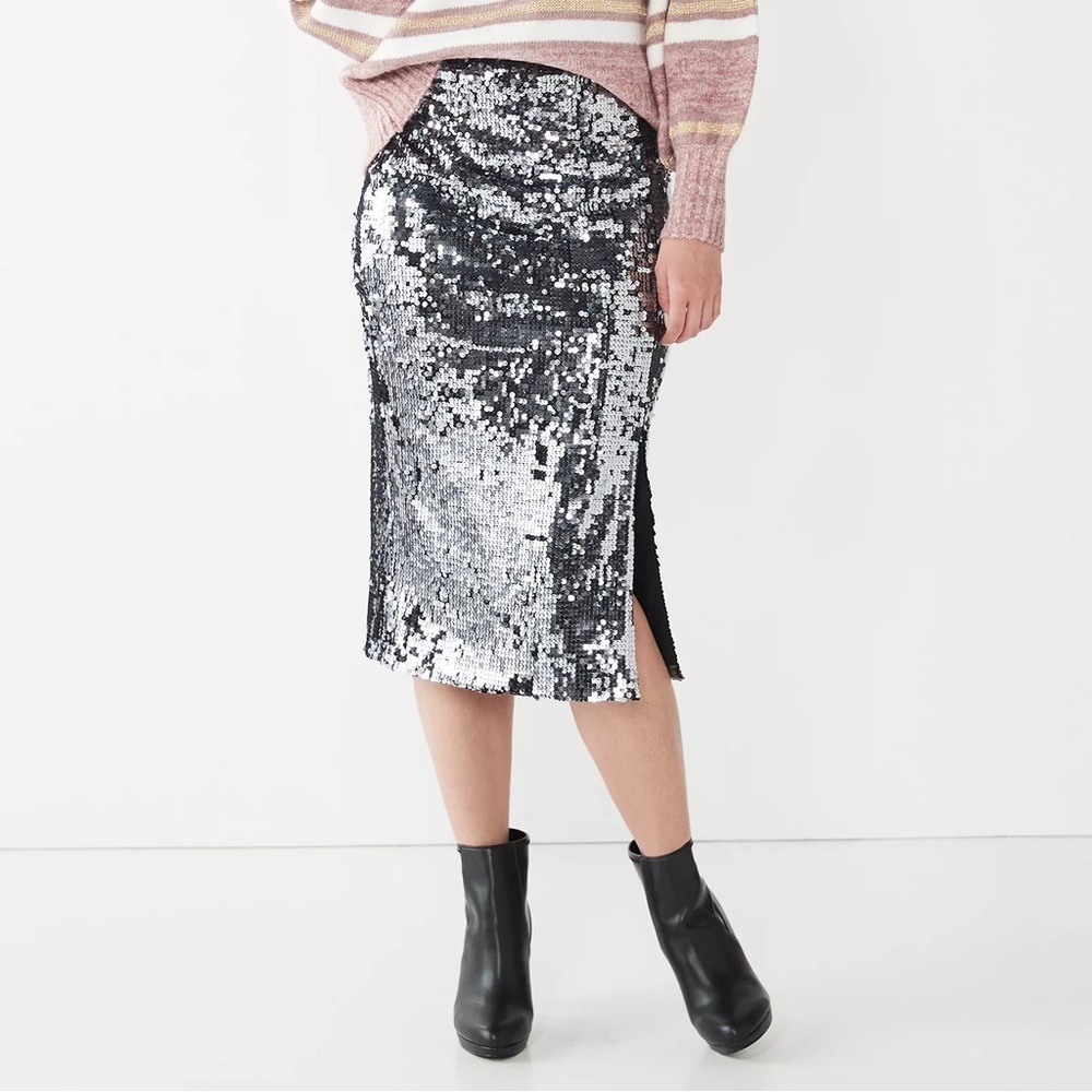 Nine West sz S Gunmetal Silver Sequins Midi Skirt Glam Party Disco Holiday Gala